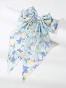 1pc Girls' Minimalist Sweet Floral Print Ribbon Bow Hair Clip, Orange/Purple/Blue, Versatile Spring/Summer Accessory - Multicolor - View 5