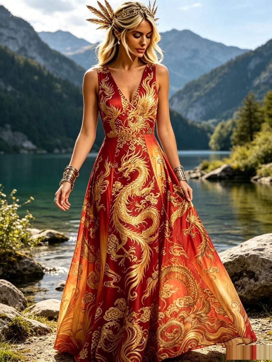 Summer Women's Vacation Dress, V-Neck Sleeveless Red & Gold Flame Dragon Print Big Swing Dress, Vacation Style Casual Dress For Mountain Lake Trips - 彩色 - 查看 1
