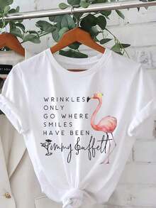 1 camiseta con estampado de Flamingo Jimmy Buffett, de manga corta y cuello redondo, estilo casual para verano y primavera, camiseta para mujer, 180g de algodón 100%. - Blanco - Ver 1