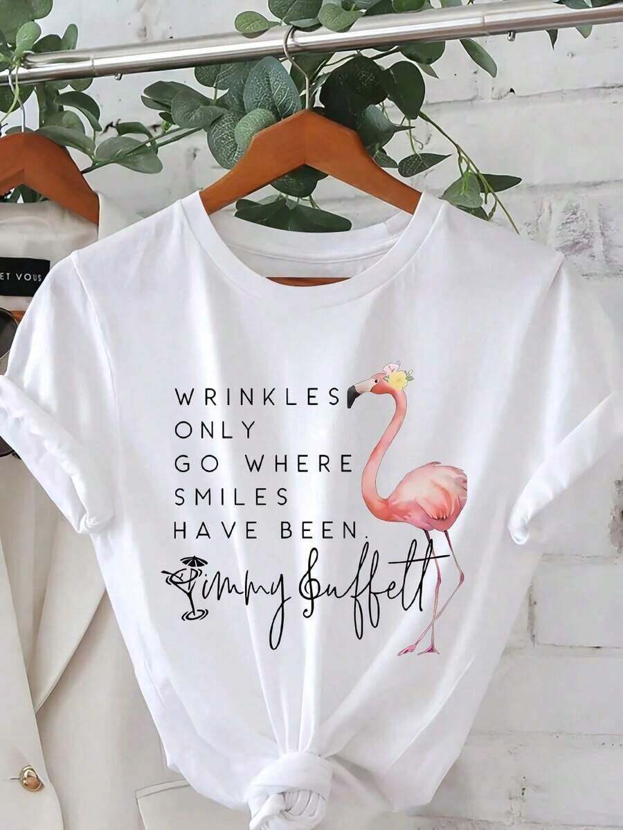 1 camiseta con estampado de Flamingo Jimmy Buffett, de manga corta y cuello redondo, estilo casual para verano y primavera, camiseta para mujer, 180g de algodón 100%. - Blanco - Ver 1