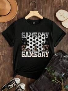 1 pieza de camiseta vintage con estampado gráfico para mujer, tops de primavera para mujer, tops de verano, camisa oversize para mujer, opciones de color negro y blanco, estampado de la pelota de fútbol con lazo, camiseta con texto gráfico para el día del partido, atuendo casual de verano, top de algodón a la moda para mujer, tops para el día del partido, eventos deportivos, tops gráficos de verano, conjuntos de verano, camisetas gráficas para mujer, tops cortos para mujer, tops vintage de algodón, ropa linda para mujer, nueva camiseta elegante - 100% algodón, suave, transpirable, estilo casual, cuello redondo, manga corta, camiseta para uso diario. blusas para mujer - Negro - Ver 3
