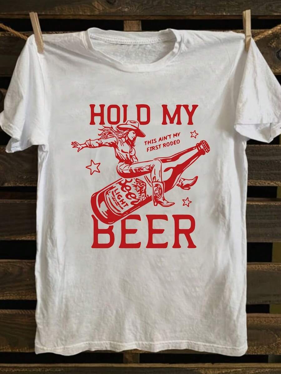 Camiseta 2079-Vintage Lady Beer con estampado gráfico, manga corta y cuello redondo, prenda superior casual, ropa de mujer Z5526 - Blanco - Ver 1