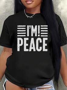 Camiseta de manga corta de poliéster con estampado "I'M PEA", camiseta casual, ligera y duradera, adecuada para salidas diarias, el hogar o cenas, diseño con estampado blanco, cómoda de llevar, blusa casual para mujer. - Negro - Ver 7