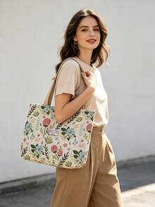 Bolso de hombro tipo tote de gran capacidad con estampado floral y cierre con cremallera, adecuado para la oficina, la escuela, el transporte o el uso diario casual. - Multicolor 2 - Ver 5