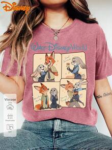 Authentic Women's Disney Short-Sleeve Zootopia Judy Hopps Nick Wilde Interactive Vintage Cartoon Print Summer New Cartoon Pattern T-Shirt, Round Neck Loose Fit Top, Suitable For All Seasons, Disney Journey, Versatile Vintage Style Loungewear - Màu đỏ gạch - Xem 1