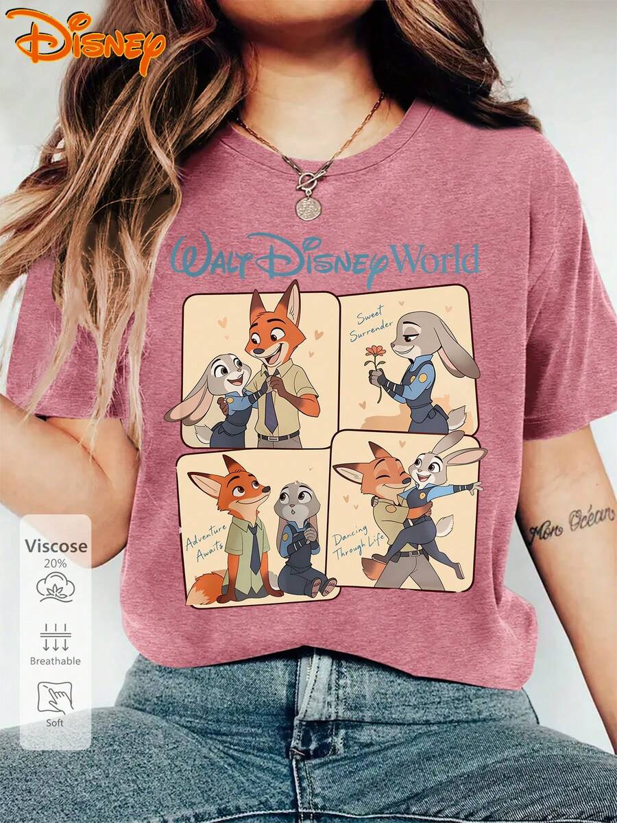 Authentic Women's Disney Short-Sleeve Zootopia Judy Hopps Nick Wilde Interactive Vintage Cartoon Print Summer New Cartoon Pattern T-Shirt, Round Neck Loose Fit Top, Suitable For All Seasons, Disney Journey, Versatile Vintage Style Loungewear - Màu đỏ gạch - Xem 1
