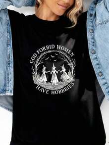 1 camiseta de Halloween para mujer - Estampado de silueta de bruja y murciélagos con la frase "Dios prohíbe que las mujeres tengan pasatiempos", 180g, ligera y elástica, manga corta, cuello redondo, estilo casual, tallas S-2XL, blanca con gráfico negro, 100% algodón. - Negro 1 - Ver 2