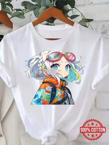 Camiseta de Mujer con Cuello Redondo, Estilo Anime Japonés, Diseño Digital Artístico Abstracto y Vibrante, Moda PopularDaily Casual Round Neck Short Sleeve-Shirt Women - Blanco - Ver 1