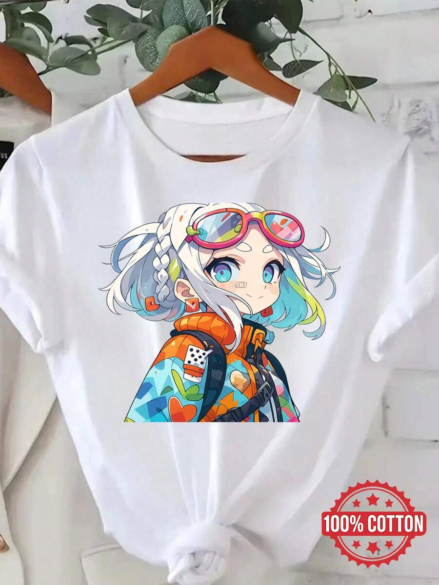 Camiseta de Mujer con Cuello Redondo, Estilo Anime Japonés, Diseño Digital Artístico Abstracto y Vibrante, Moda PopularDaily Casual Round Neck Short Sleeve-Shirt Women - Blanco - Ver 1