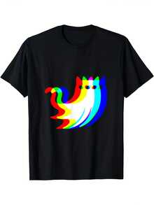 Camiseta con diseño de gato bailando en 3D y arcoíris estilo DJ - Base negra con diseño colorido de gato en 3D y arcoíris, tela suave y transpirable de 220 g/m², camiseta unisex de cuello redondo, adecuada para fiestas EDM rave, eventos de música house, camiseta elegante para fiestas. - Negro - Ver 1
