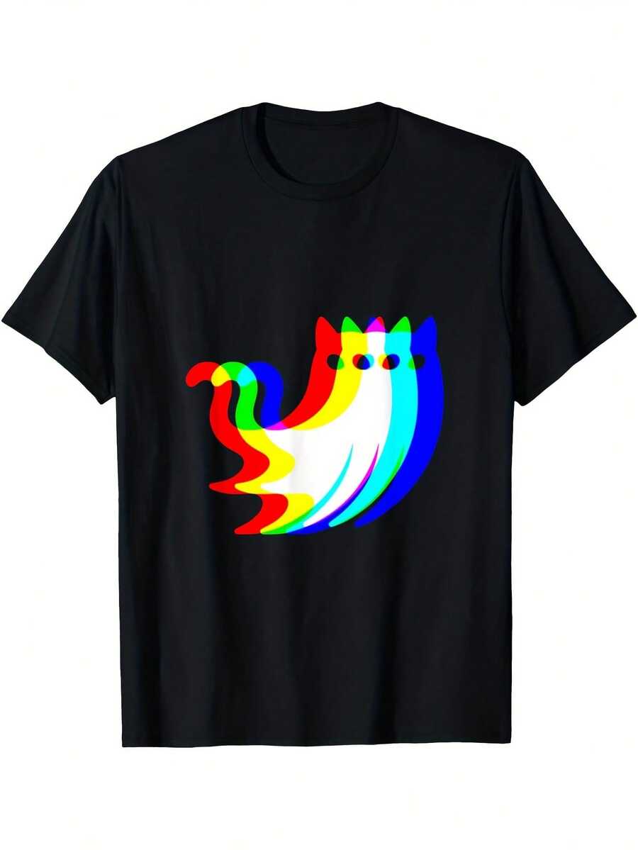 Camiseta con diseño de gato bailando en 3D y arcoíris estilo DJ - Base negra con diseño colorido de gato en 3D y arcoíris, tela suave y transpirable de 220 g/m², camiseta unisex de cuello redondo, adecuada para fiestas EDM rave, eventos de música house, camiseta elegante para fiestas. - Negro - Ver 1