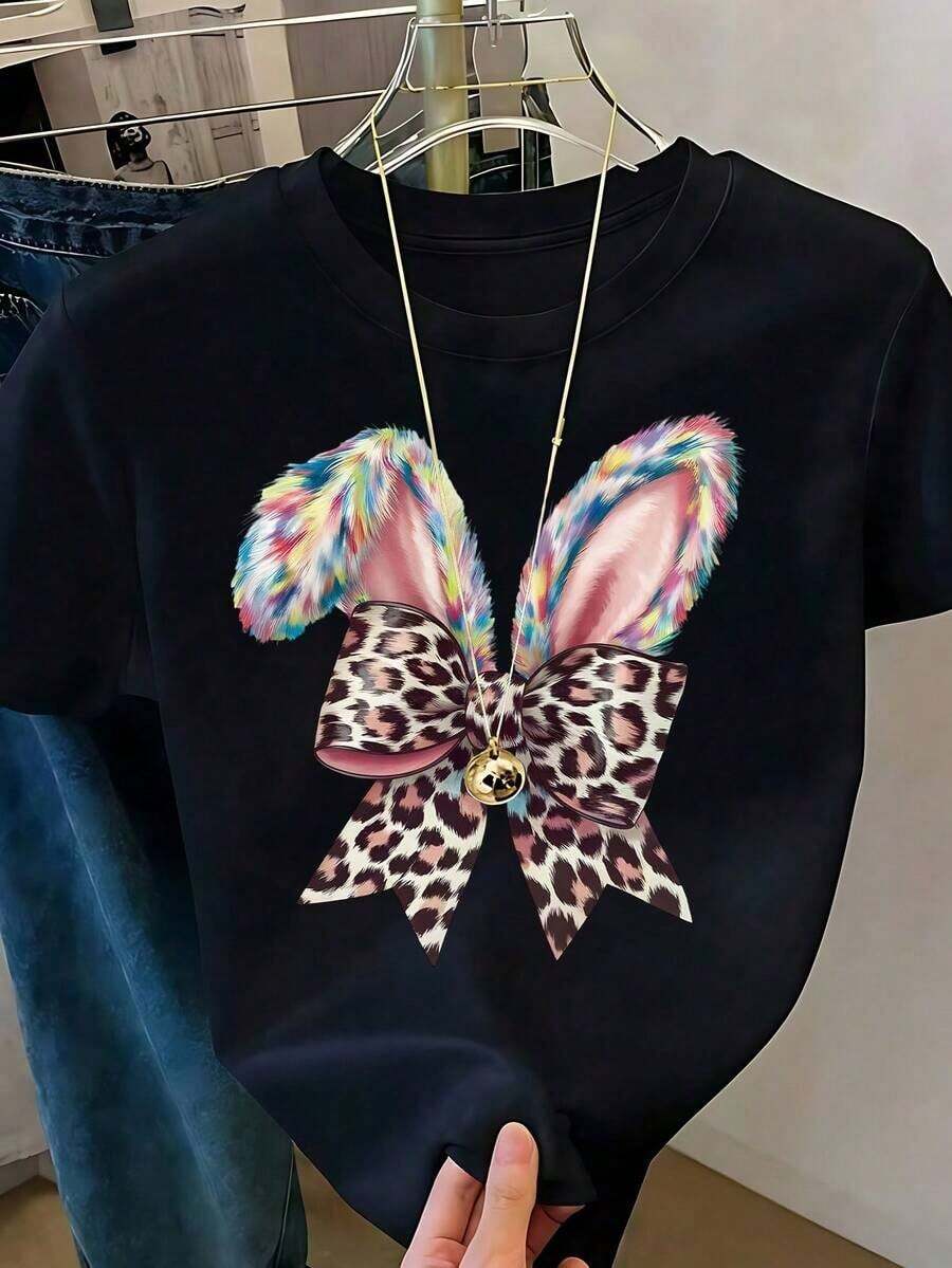Women's White T-Shirt With Rabbit Ears And Paws In Leopard Print, Fashionable Animal Print Tee, Casual Summer Blouse With Cute Bunny Design, Aesthetic And Fun Top For Everyday Wear Or As A Gift - Pure-Cotton - 黑色3 - 查看 1