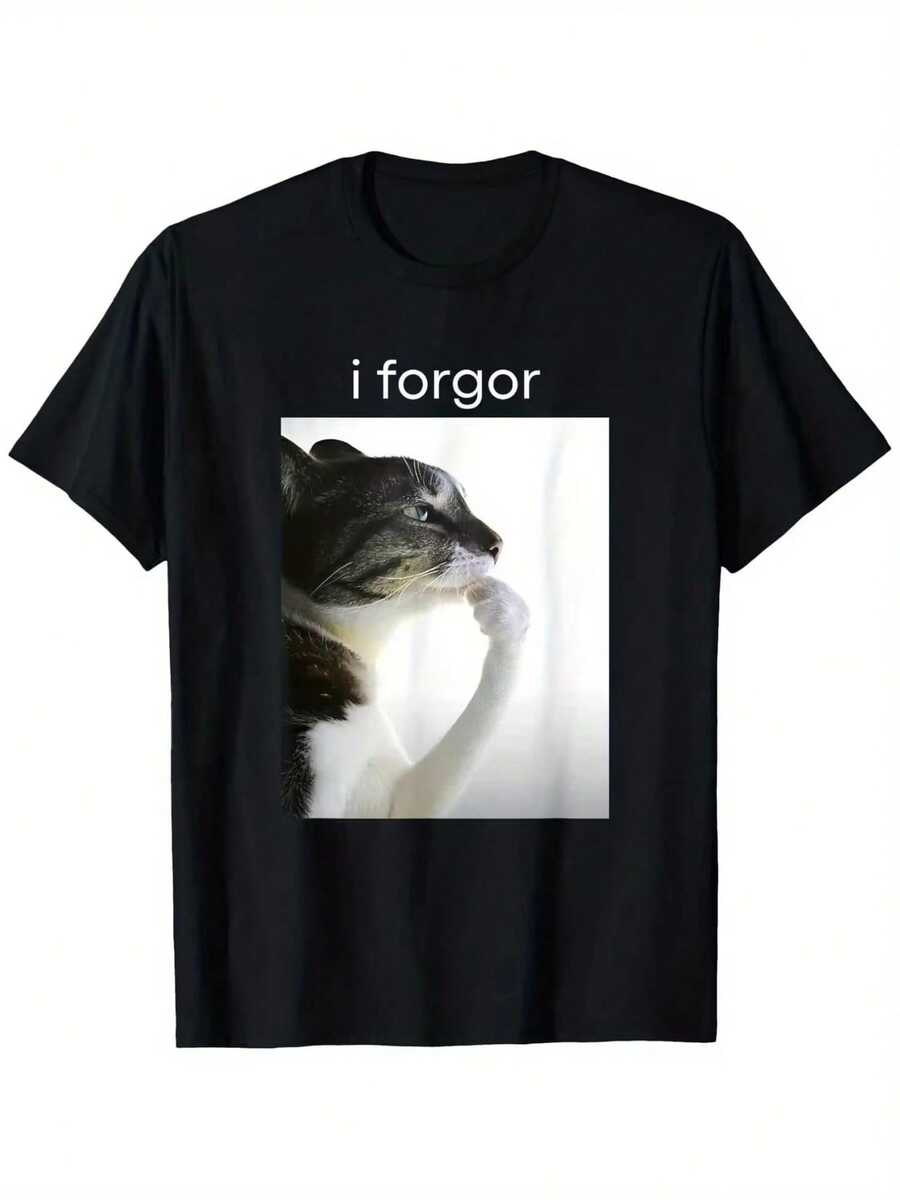 Divertido paquete de emojis de gatos de IForgor, unisex, camiseta GIF, estilo casual urbano unisex, camiseta holgada de manga corta con cuello redondo estilo Harajuku. - Negro - Ver 1