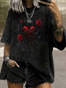 Camiseta de mujer talla grande con estampado de corazón de rosa con espinas, estilo callejero retro Y2K punk, blusa de verano casual de talla grande - Negro - Ver 2