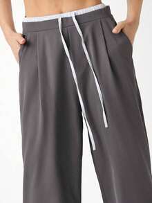 Mujeres Pantalones anchos de moda y casuales con diseño de cintura ajustable con lazo - Gris - Ver 6