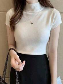 Camiseta de mujer de cuello medio-alto, top casual, estilo coreano de moda en color liso, para la temporada de primavera-verano - Burdeos - Ver 7