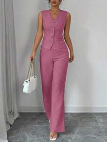 Traje de oficina elegante y estiloso para mujer con chaleco sin mangas de cuello en V con diseño de lazo en la cintura y pantalón recto de unicolor - Rosa Fucsia - Ver 4