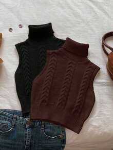 Conjunto de 2 piezas de top de punto sin mangas de cuello alto informal - Multicolor 4 - Ver 1