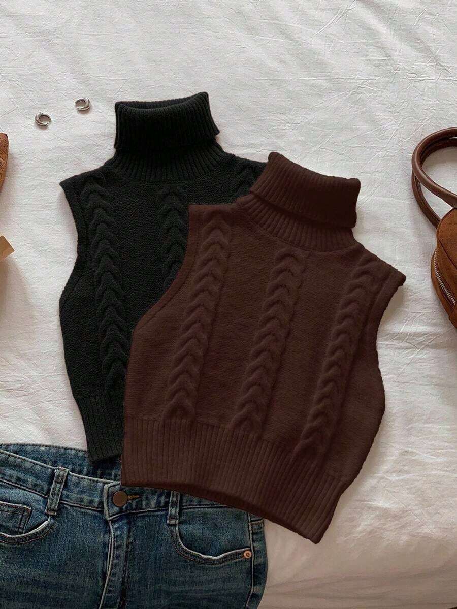 Conjunto de 2 piezas de top de punto sin mangas de cuello alto informal - Multicolor 4 - Ver 1