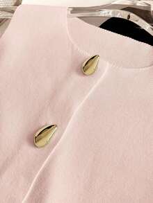 Cárdigan casual de mujer de unicolor, chaleco de punto con cuello en V corto, abierto por delante, sin mangas y con botones metálicos, para primavera/verano/otoño, color rosa - Rosa - Ver 4