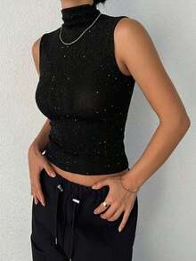 Camiseta de mujer de cuello alto con ajuste ceñido, camiseta sin mangas tipo tanque con estilo Y2K - Negro 12 - Ver 2