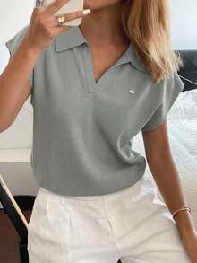 Top de punto de unicolor con cuello de polo entallado para mujer, casual para ir al trabajo, primavera/verano - Gris 2 - Ver 4