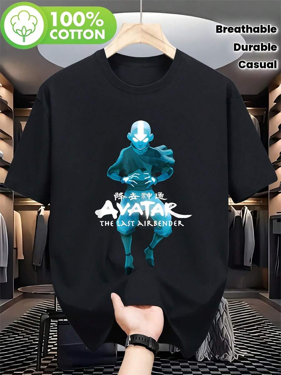 Camiseta oficial de The Last Airbender Aang para hombre - Camiseta de peso pesado, suave y transpirable con la icónica cara de Aang y el emblema del Airbender, ropa casual para fans, duradera. - Negro - Ver 1