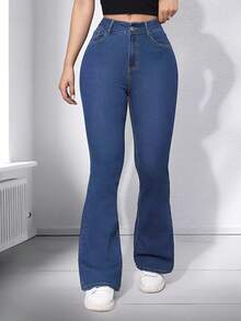 ALO FASHION Elegantes jeans de mezclilla de pierna larga acampanada, de tejido elástico, lavados y con costura visible para mujer. - azul real - Ver 3