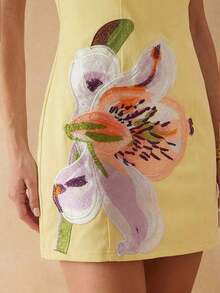 Vestido mini elegante de mujer con cuello redondo, ajustado, sin mangas y con decoración floral 3D - Amarillo claro - Ver 5