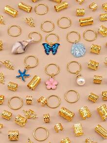 76 Stücke Ozean-Stil Dreadlock Haarschmuck Set, goldene Cut Out Haarringe, Muschel- & Schmetterling-Anhänger, geeignet für Frauen & Mädchen Urlaubsoutfit - Verschiedenfarbig - Übersicht 3