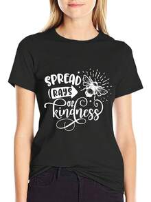 Ropa de mujer de talla, camiseta holgada de estilo vintage con estampado de abeja y la frase Passing on Kindness - negra con estampado blanco, top de estilo casual urbano, diseño de cuello redondo suave, garantiza comodidad diaria y transmite mensajes positivos, decoración con patrón geométrico, lavable aáquina y apta para limpieza en, adecuada para usar durante todo el año, corte relajado que se adapta a varios estilos - Camiseta unisex de manga corta y cuello redondo de algodón holgado estilo vintage urbano. - Negro - Ver 5