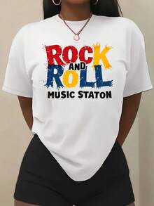 Short-Sleeved T-Shirt With Rock Music Theme Print, White T-Shirt For Women, Suitable For All Seasons, For Birthdays, Holidays, Casual And Daily Wear - Unisex Cotton Loose Short-Sleeved Round Neck Urban Vintage Style T-Shirt. - 白色 - 查看 7