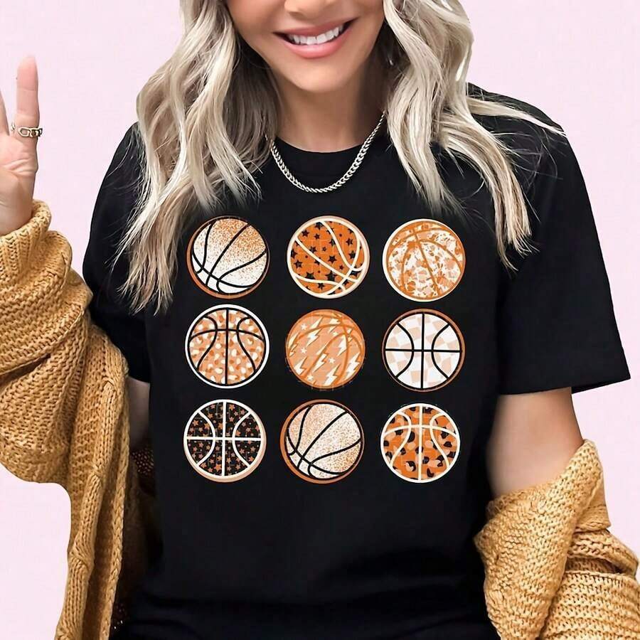 Nueva Llegada 2026 Camiseta de Baloncesto, Camiseta para el Día del Partido, Camiseta de Baloncesto para Mujer, Regalo para Ella, Camiseta para Mamá Baloncestista, Camiseta de Talla Grande, Tela Suave, Transpirable, a la Moda, 100% Algodón, Uso Diario, Camiseta para Mujer con Estampado Gráfico - Negro - Ver 1