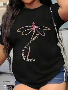 100% Pure Cotton, Women's Dragonfly Print T-Shirt, Casual Short Sleeve Round Neck T-Shirt, Basic Style For Spring And Summer, Everyday Wear, Machine Washable, Graphic Print T-Shirt, Plus Size Women's Clothing. - 黑色 - 查看 6