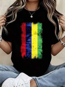 Camiseta con estampado de bandera con trazos de pincel coloridos para atuendos casuales y deportivos - Estilo urbano vintage, unisex, de algodón, manga corta, cuello redondo, 100% algodón. - Negro - Ver 1