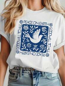 Camiseta Casual Peace On Earth para Mujer - Regalo Navideño, Camiseta Blanca con Cuello Redondo y Estampado Azul con Mensaje de Buena Voluntad para Todos, Top Festivo de Temporada para Celebraciones de Navidad, Año Nuevo e Invierno. - Blanco - Ver 7