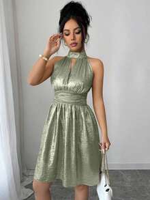 Raffinéa Vestido corto elegante y delicado de mujer con escote halter y cintura calada en forma de A, adecuado para salidas y citas, primavera/verano - Blanco - Ver 4