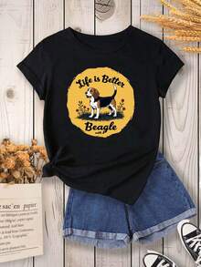 Camiseta de mujer: Una camiseta casual de manga corta y cuello redondo, estampada con las palabras "La vida es mejor con un Beagle", perfecta para la primavera y el verano, diseñada específicamente para mujeres. - Negro - Ver 1