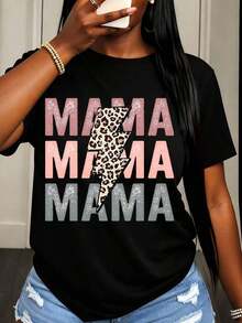 Camiseta de Mujer con Estampado de Leopardo y Diseño de Rayo, Ropa Casual para el Día de la Madre, Regalo de Cumpleaños, Top de Moda - Negro - Ver 1