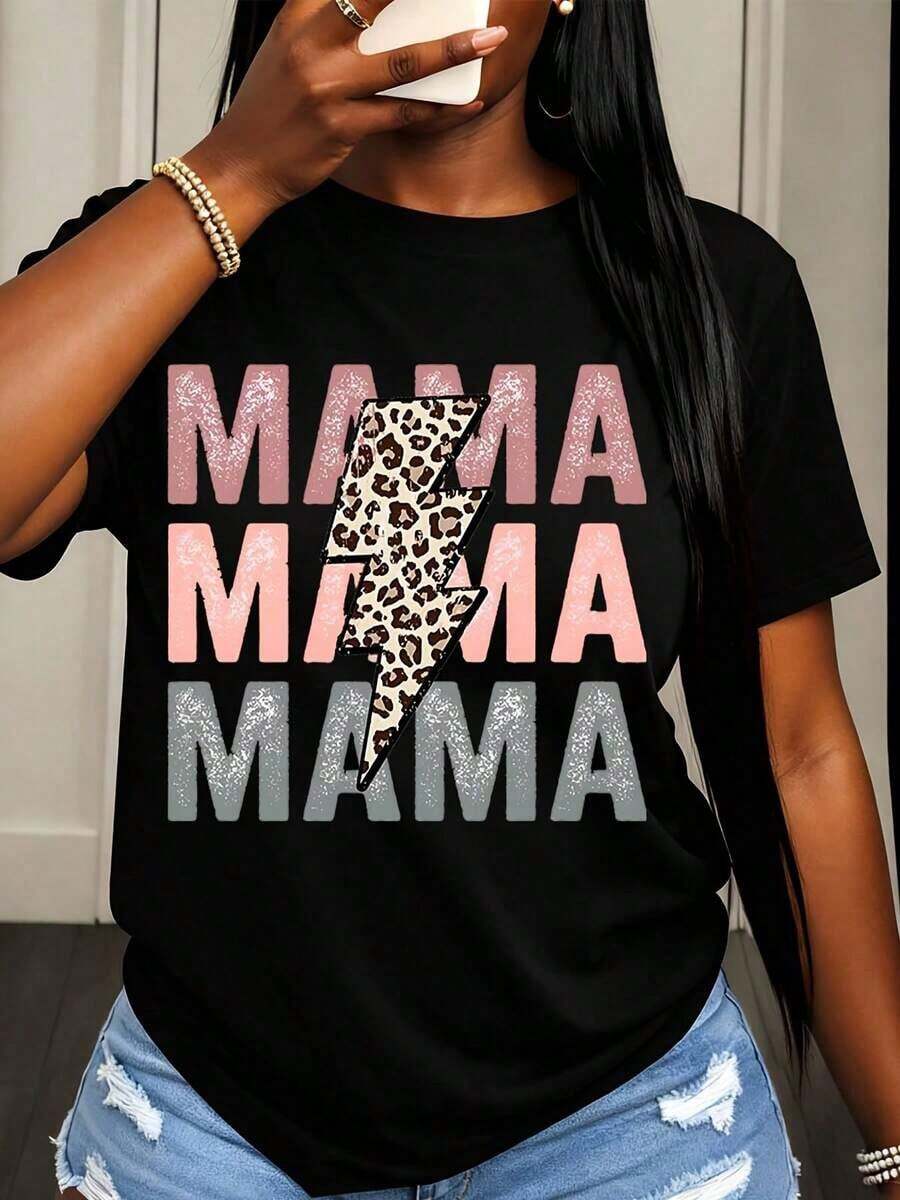 Camiseta de Mujer con Estampado de Leopardo y Diseño de Rayo, Ropa Casual para el Día de la Madre, Regalo de Cumpleaños, Top de Moda - Negro - Ver 1