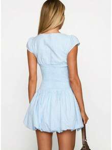 Vestido corto corte flor con patrón a cuadros, estilo europeo-americano fresco y dulce, diseño entallado de gran elegancia y glamour francés - Cuadros azules - Ver 5