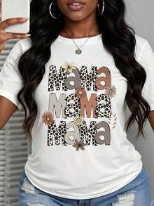 1 pieza Camiseta con estampado de leopardo y flores Mama Mama Mama, blanca, informal, para mujer, para el Día de la Madre y uso diario, 180g, 100% algodón. - Blanco - Ver 2