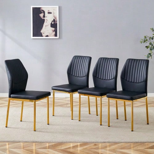 [4er-Set] Schicke Esszimmerstühle Im Leicht-Luxus-Stil: Schwarze PU-Rückenlehne Mit Senkrechter Prägung + Metallene Goldbeine,Passend Für Esszimmer Oder Wohnzimmer Im Leicht-Luxus-Design. - Black+Gold - View 1