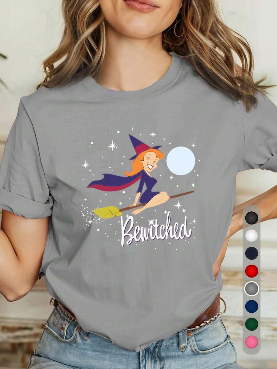 Women's T-Shirt With Magic Witch's Broom, Moon, And Starry Sky Design - 100% Soft, Crew Neck, Short Sleeve, Casual Top For Halloween And Everyday Wear, Purple Lettering And Magical Night Sky Design, Machine Washable For All-Season Comfort. ZHDI - 灰色 - 查看 1