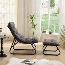 Sillón de jardín con reposapiés, cómodo sillón reclinable con cojín suave y reposapiés, ideal para el salón, el dormitorio o el rincón de lectura, estructura y cojín de color beige. - Gris - Ver 3