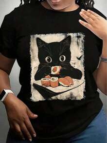 1 camiseta gráfica vintage para el Día de la Mujer, para mujer, estilo retro, 100% algodón, suave, transpirable, informal, de manga corta y cuello redondo para uso diario, camiseta vintage de anime japonés para mujer - Linda camiseta gráfica con un gatito negro comiendo sushi - Camiseta informal suave de cuello redondo para uso diario - Lavable a máquina, top para todas las estaciones para fans del anime y amantes de los gatos, fabulosas camisetas de primavera para mujer. - Negro - Ver 6