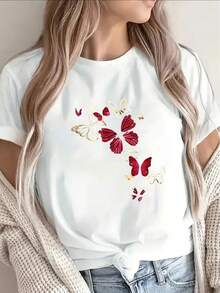 1 camiseta de manga corta, ligera y duradera, con un vibrante diseño de mariposa, perfecta para descansar en casa, en una cafetería o para salidas informales al aire libre, ofreciendo un uso diario cómodo. 180g 100% Algodón. - Blanco - Ver 1