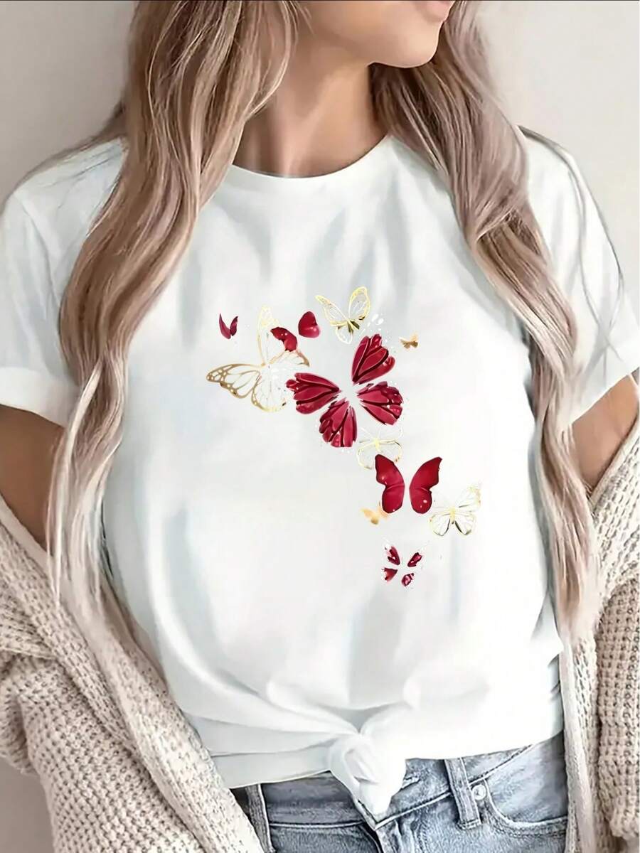 1 camiseta de manga corta, ligera y duradera, con un vibrante diseño de mariposa, perfecta para descansar en casa, en una cafetería o para salidas informales al aire libre, ofreciendo un uso diario cómodo. 180g 100% Algodón. - Blanco - Ver 1