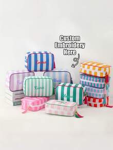 Bolsa de maquillaje personalizada con bordado a rayas, bolsa organizadora de viaje con nombre/texto bordado personalizado, bolsa de cosméticos colorida, bolsa de almacenamiento portátil multifuncional de gran capacidad con cremallera y colgante de borla, ligera y duradera - Multicolor - Ver 2