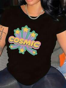 Cuello Redondo Talla Grande - Talla Grande - Camiseta de Mujer Talla Grande con Estampado Cósmico - Diseño de letras brillantes, holgada y cómoda, mangas cortas, cuello redondo, mezcla elástica, adecuada para primavera y otoño, uso diario. |   Top con diseño de temática espacial |   Blusas de material suave para mujer casual - Negro - Ver 3